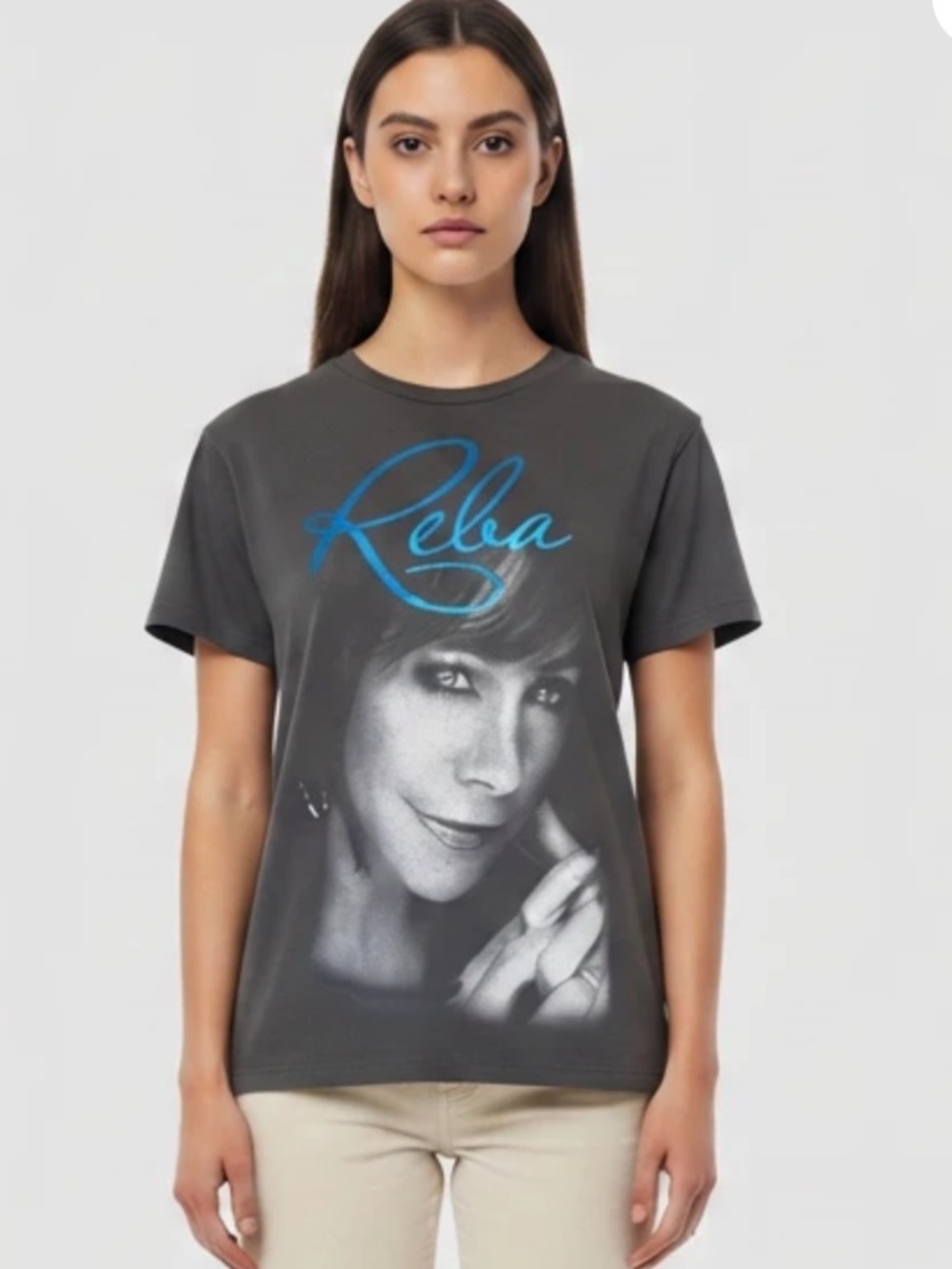Reba Graphic Tee - Dark Gray with Blue Script